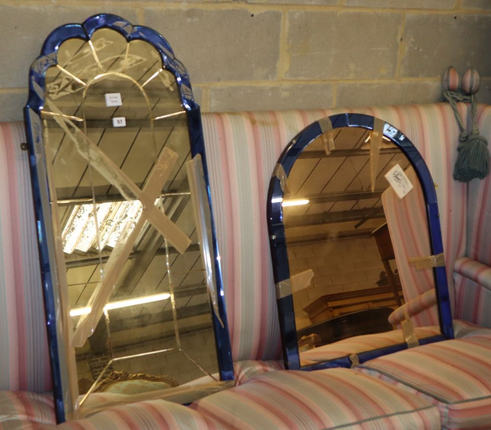 Two Art Deco style blue and clear glass wall mirrors, larger W.50cm, H.106cm